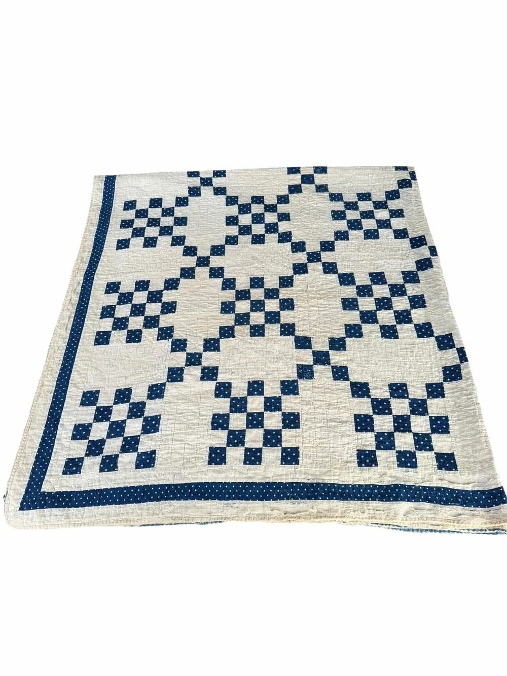 VTG Irish Chain Quilt Blue White Stars Soft Gauzy Cotton 1940s Cutter 70x75